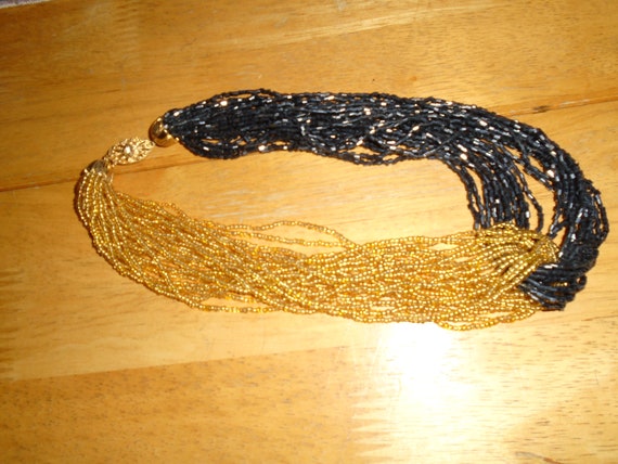 Vintage Multi Strand Black and Gold Color Seed Be… - image 3