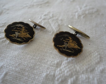 Asian Themed Brass Men Cuff Links Vintage Accessories