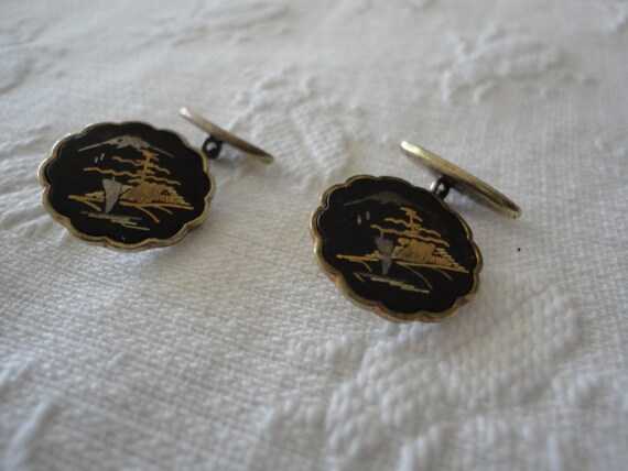 Asian Themed Brass Men Cuff Links Vintage Accessories