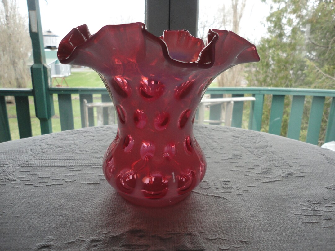 Fenton Cranberry Glass Vase Opalescent Coin Dot Ruffled Bowl Vintage ...