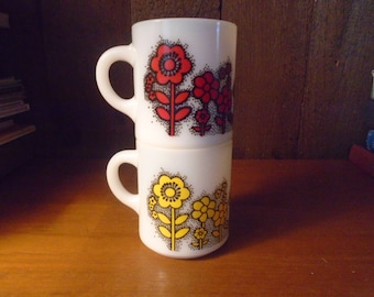 Vintage Hazel Atlas Milk Glass Red and Yellow Floral Print Coffee Cup Mugs