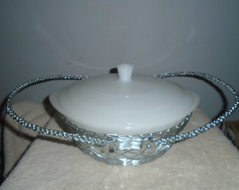 Milk Glass Glasbake Lidded Casserole Dish With Silver Tone Wire Metal Basket