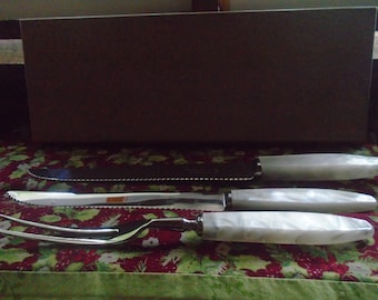Vintage Empress Sheffield Faux Pearl Handle 3 Piece Carving Set, England.