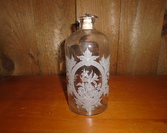 Vintage Floral Leaf Etched Glass Decanter Bottle With Cork Silver Metal Stopper