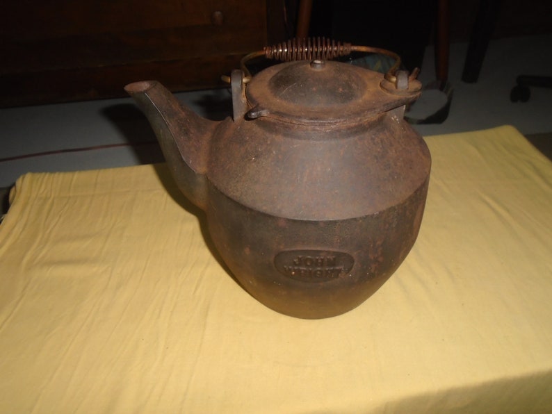 Vintage john wright cast iron tea kettle etsy