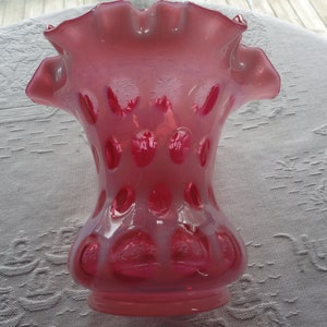 Fenton Cranberry Glass Vase Opalescent Coin Dot Ruffled Bowl Vintage ...