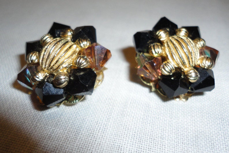 Glass Bead Clip on Earrings Black Gold Aurora Borealis Etsy
