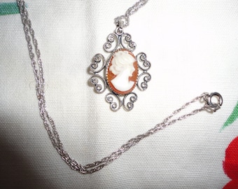 Vintage Carved Shell Cameo Necklace Sterling Silver Filigree