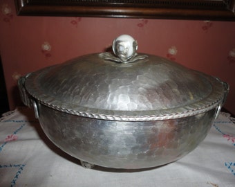 Vintage Casserole Dish Cozy Hammered Aluminum Porcelain Marble Footed Server