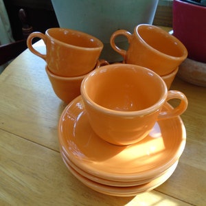 Fiestaware Tangerine Orange Homer Laughlin China Company Cups and Saucers 10 Piece Set image 2