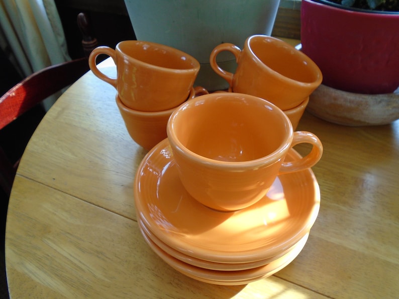 Fiestaware Tangerine Orange Homer Laughlin China Company Cups and Saucers 10 Piece Set image 2