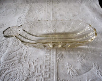 Clear Glass Relish Condiment Serving Dish Paneled Oblong Shape Scalloped Edges Thumb Handle Vintage Glass Dish