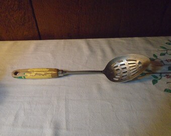Vintage Yellow Green Band Wood Handle AJ Slotted Spoon - Etsy