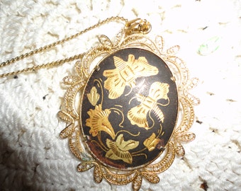 Vintage Butterfly Floral Necklace Damascene Gold Tone Filigree Necklace