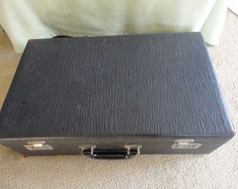 Antique Black Cowhide Leather Suitcase Green Fabric Lined