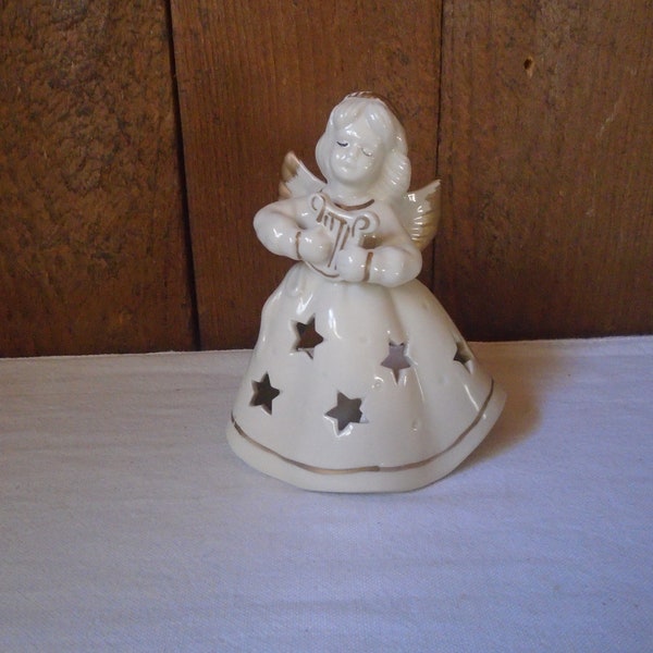 Vintage Porcelain Angel Holding Harp Votive Tea Light Candle Holder