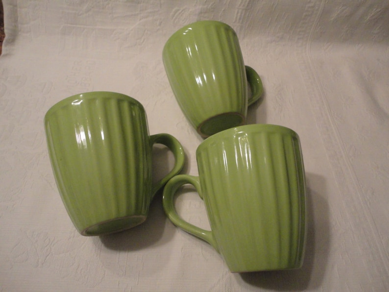 Lime Green Ribbed Coffee Mugs Retro Set of Three Cups Etsy
