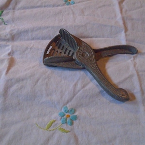 May include: A silver metal citrus juicer with a handle and a gridded surface. The juicer is lying on a white tablecloth with embroidered flowers.