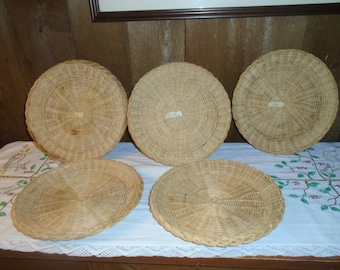 Vintage Paper Plate Wicker Holders Made in Hong Kong Hand Made Set of 9