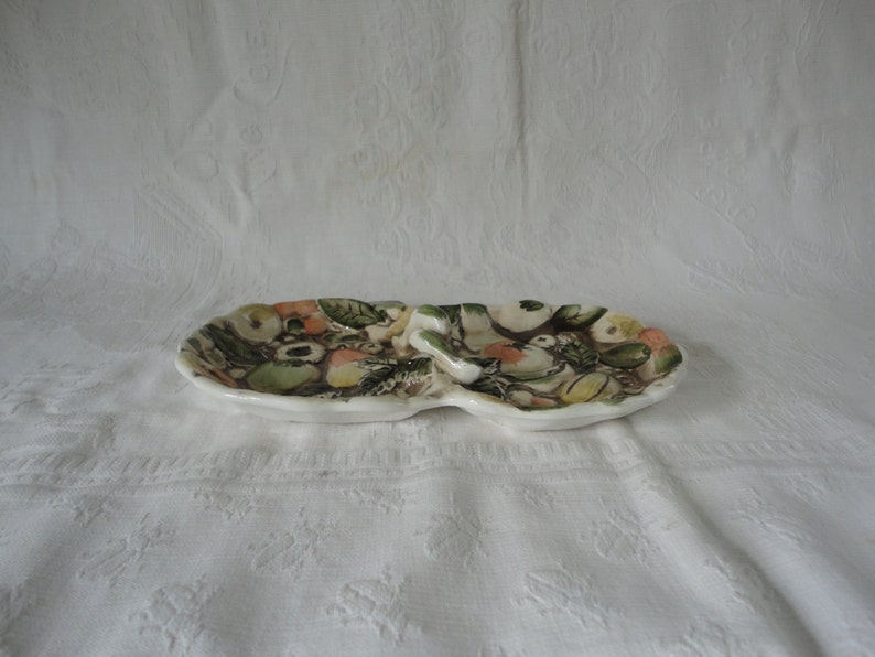 Porcelain Divided Section Raised Fruit Vegetable Motif Condiment Handled Tray Queens Plated Bread Knife Included image 2