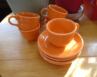 Fiestaware Tangerine Orange Homer Laughlin China Company Cups and Saucers 10 Piece Set