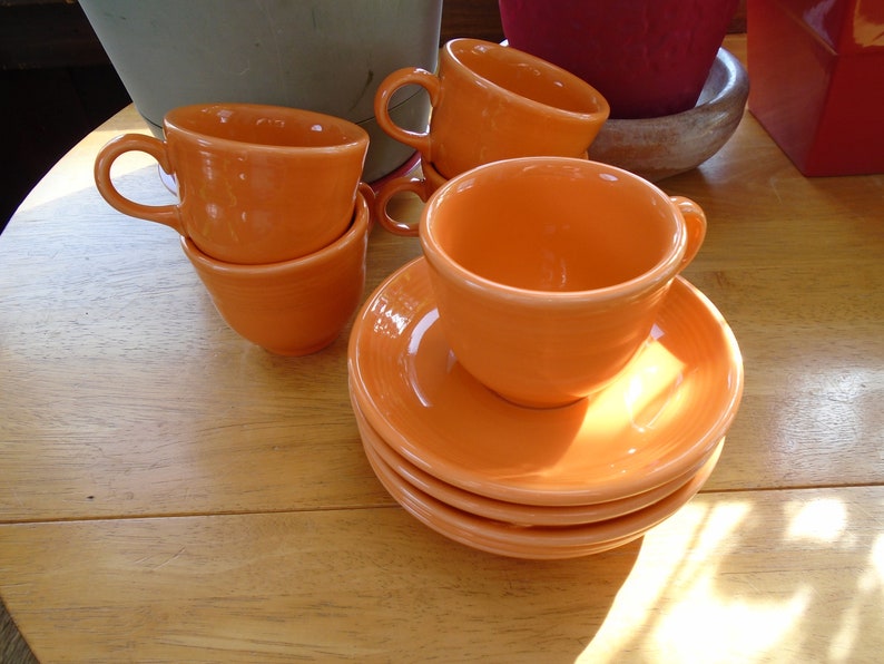 Fiestaware Tangerine Orange Homer Laughlin China Company Cups and Saucers 10 Piece Set image 1