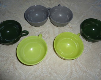 Vintage Hazel Atlas Ovide Coffee Cups, Gray Yellow Green Set