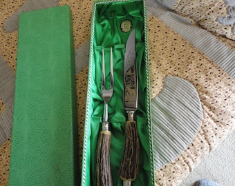 Vintage Anton Wingen Solingen Carving Set, Stag Handles, Engraved Knife, Original Box