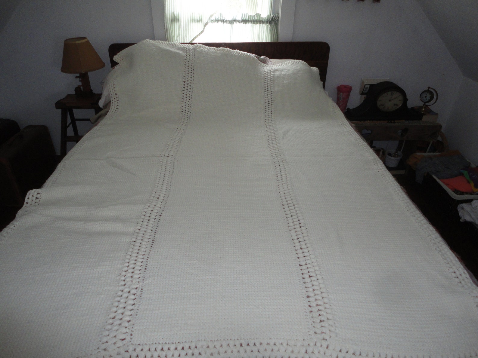 Knit Afghan off White Throw Blanket Coverlet Bedspread Vintage Etsy