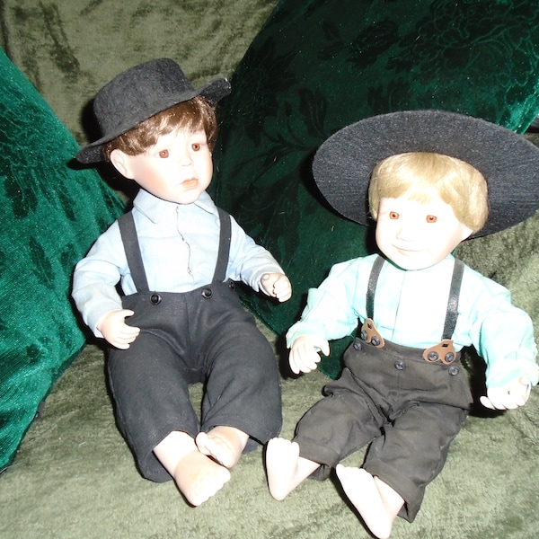 Vintage Amish Boys Porcelain Stuffed Dolls Fayzah Spanos and Ashton Drake Collectibles Ethan and Joshua