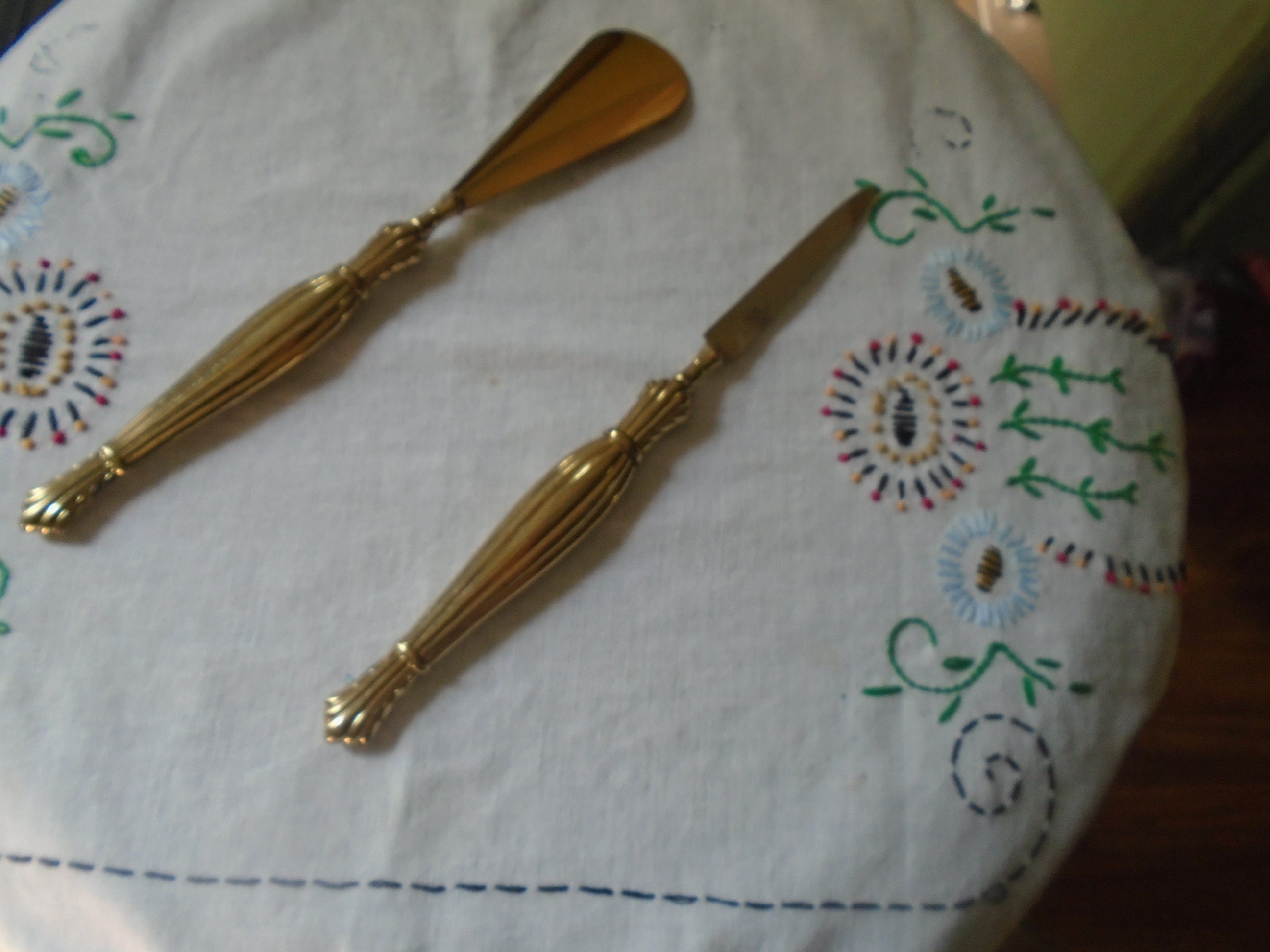 Vintage Gold Metal Shoe Horn and Nail File Vanity Decor