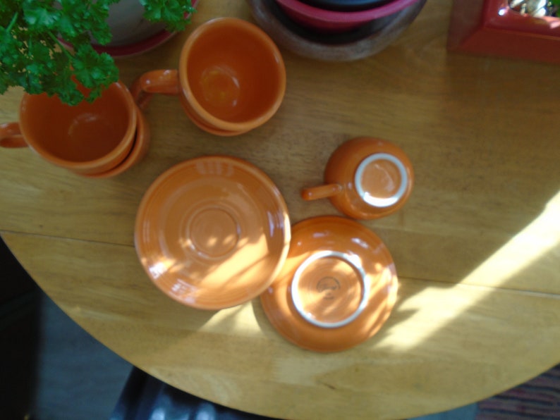 Fiestaware Tangerine Orange Homer Laughlin China Company Cups and Saucers 10 Piece Set image 5