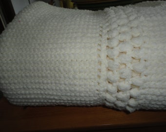 Knit Afghan Off White Throw Blanket Coverlet Bedspread Vintage Handmade