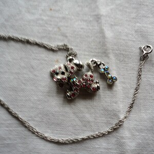 Pu&ograve; includere: Una collana a catena d'argento con un ciondolo a forma di cane rosa e argento con strass e un ciondolo separato a forma di osso d'argento con strass.