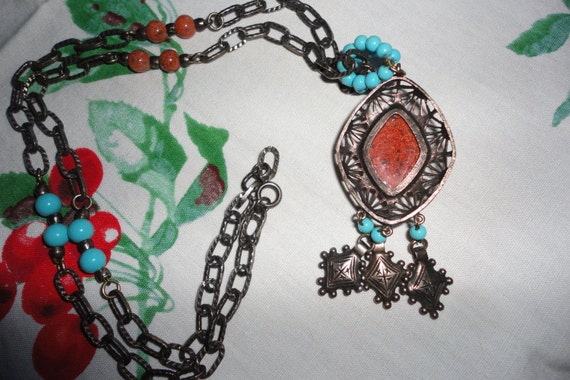 Vintage Necklace Coral Color Turquoise Art Glass … - image 3