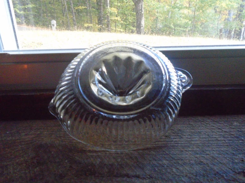 May include: A clear glass citrus juicer with a ribbed exterior and a fluted center. The juicer has a spout for pouring juice.