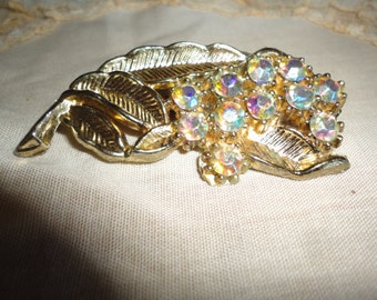 Aurora Borealis Rhinestone Flower Brooch Pin Ladies Vintage