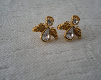 Vintage Angel Avon Designer Earrings Gold Tone Clear Rhinestone Ladies Fashion Jewelry