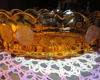Vintage Pressed Coin Amber Glass Patriotic Oval Bowl Serving Dish