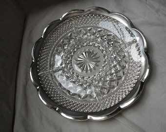 Vintage Serving Dish Clear Pressed Glass Sterling Silver Banded Divided Appetizer Hors d'oeuvre Plate