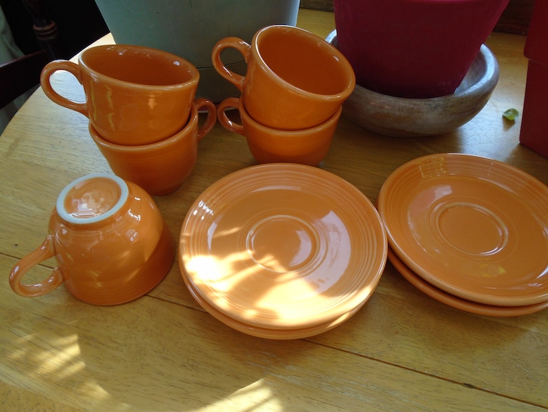 Fiestaware Tangerine Orange Homer Laughlin China Company Cups and Saucers 10 Piece Set image 8