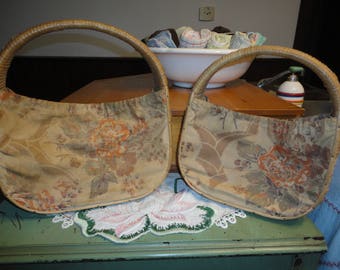 Dyed Rattan Sewing Knitting Baskets A Pair Of Brown Floral Cloth Purses Magazine Holders