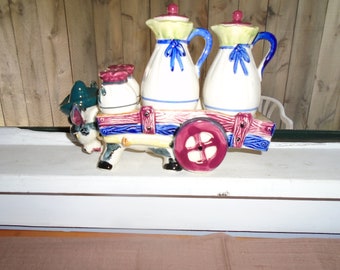 Donkey Pulling Cart With Oil and Vinegar Cruets and Salt and Pepper Shakers