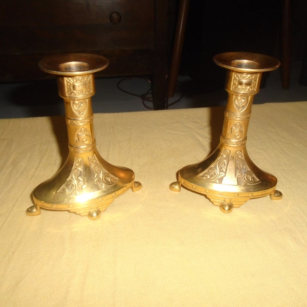 Pair of Vintage Etched Gold Metal Taper Candlestick Holders