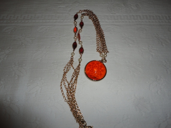 Collier De Perles Ancien En Pâte De Verre Orange Avec Inclusions Or - Occasion En Bel état