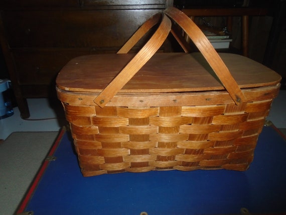 Vintage Woven Wood Slat Picnic Basket with Swing Handles