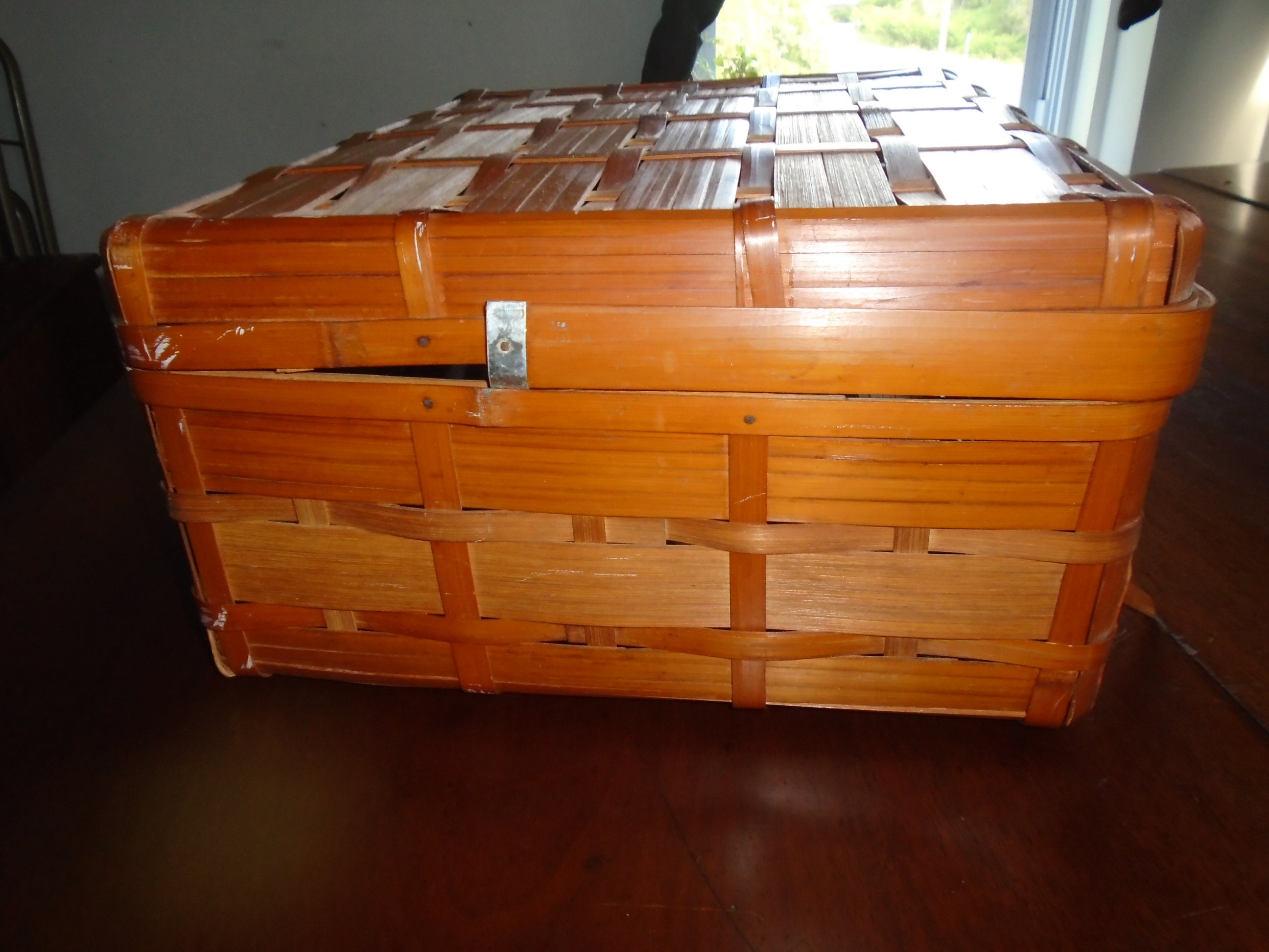 Vintage Large Slat Picnic Basket With Lid Etsy