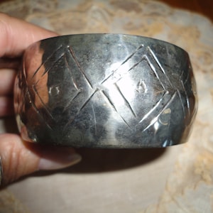 Vintage Silver Plated Bangle Bracelet Tribal Design Hammered Silver Made In India