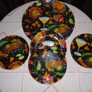 Vintage Mexican Fiesta Design Fabric Cloth Backing Glass Plates Set of