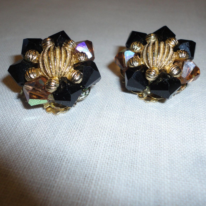 Glass Bead Clip on Earrings Black Gold Aurora Borealis Etsy